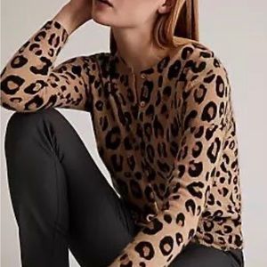 LORD & TAYLOR merino wool animal print cardigan button sweater petite Small